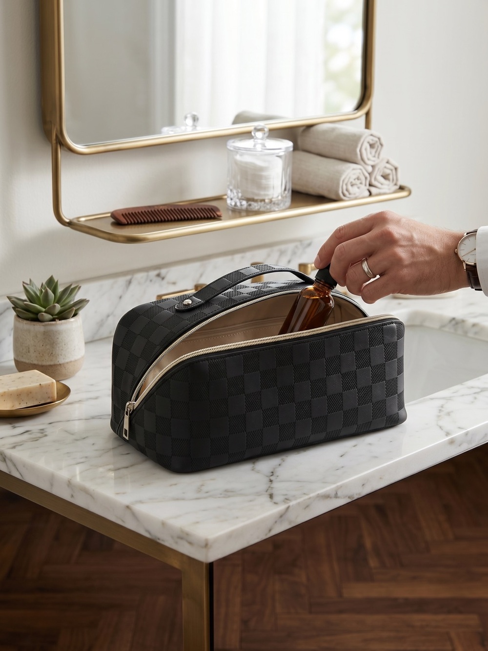 Black Checkered Canvas Cosmetic Bag